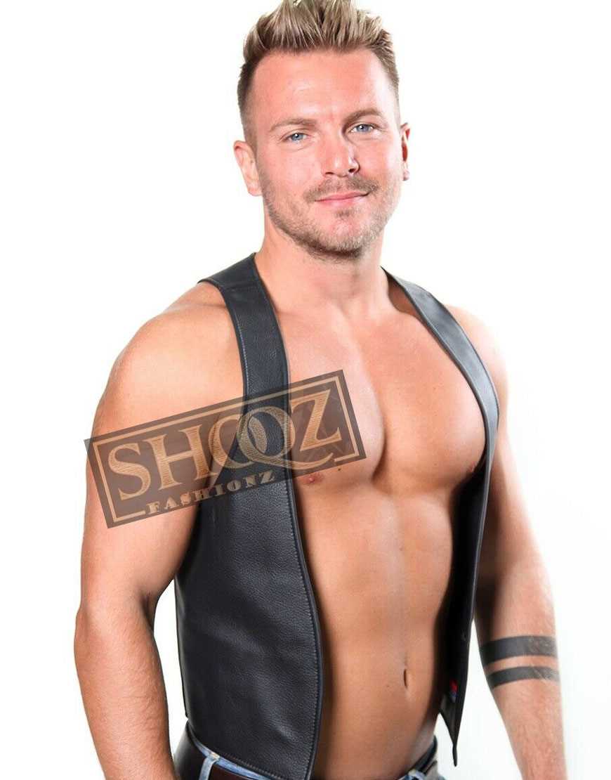 Front Cropped Back Seam Piping Kink Fetish Leather Euro Vest 